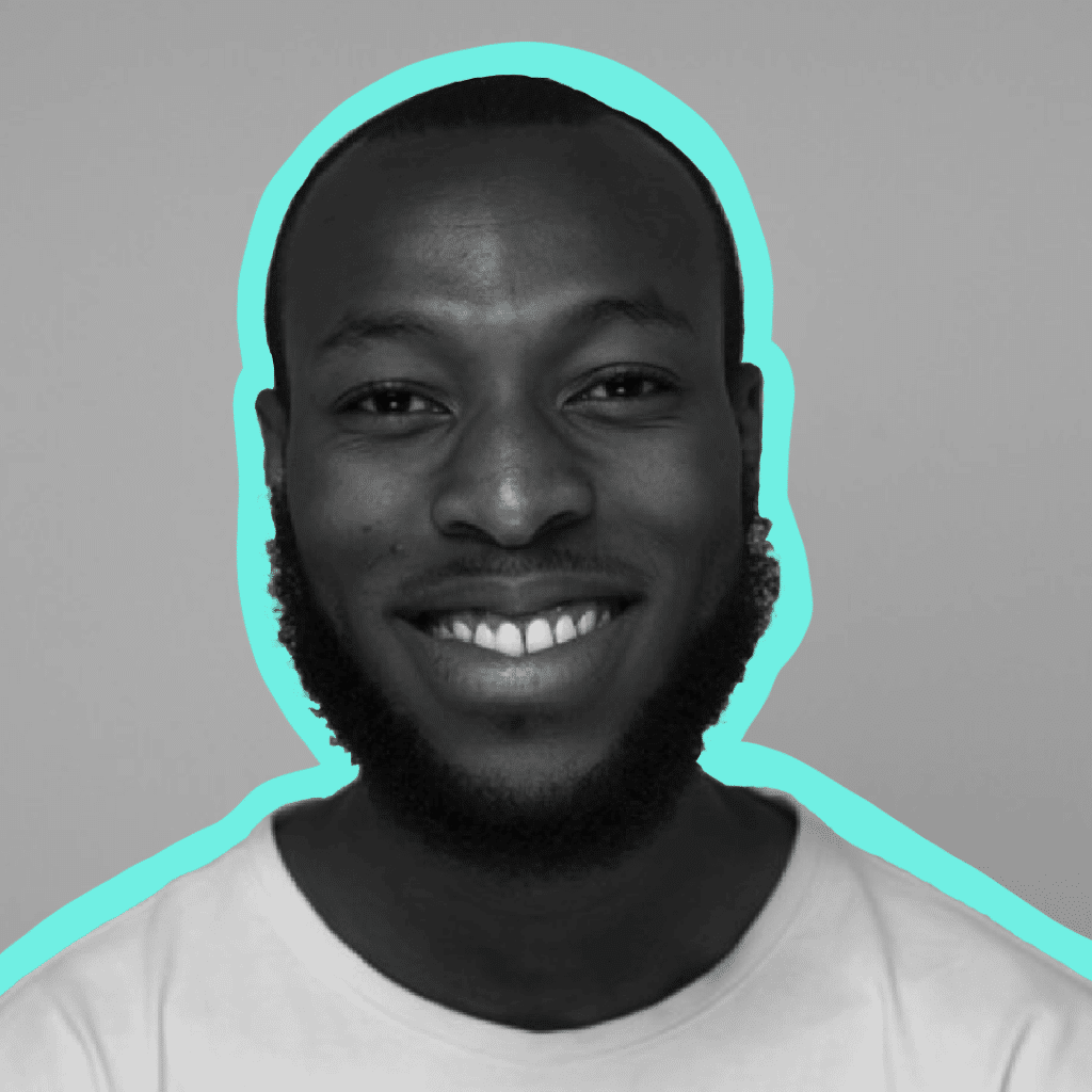 Ray - happy student smiling black and white teal outline