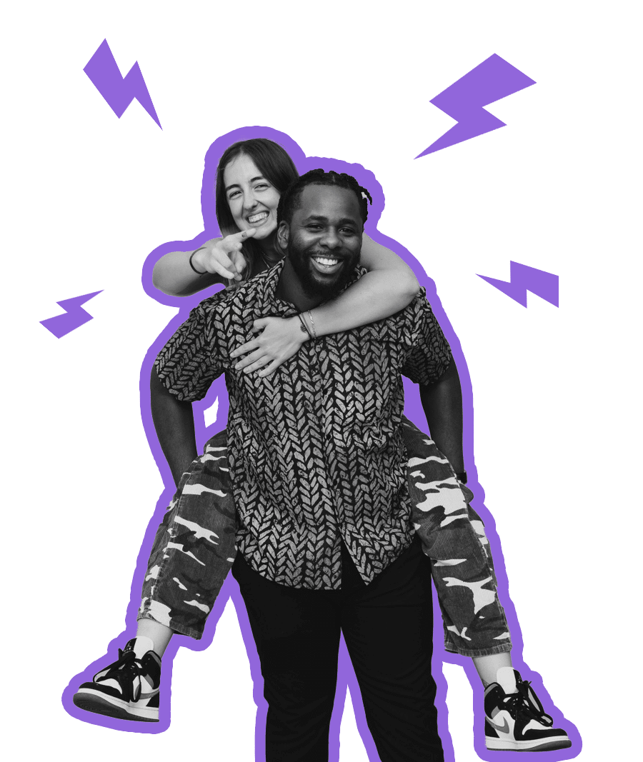 Happy adcademy students piggy back and pointing in black and white with purple outline and lightning bolts